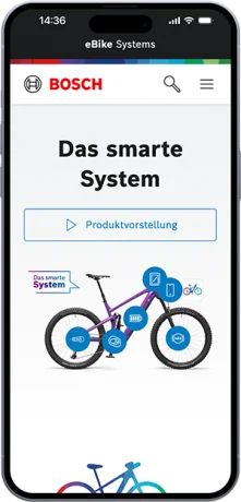 Ein stilvolles, dunkles E-Bike mit Bosch-Anbauteilen wird auf weißem Hintergrund präsentiert. Die Szene bewirbt smarte, moderne Fahrradtechnologie.