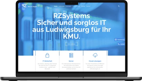 Modernes, blau-weißes Werbebild von RZSystems. Es bewirbt sichere und sorglose IT-Lösungen für kleine und mittlere Unternehmen in Ludwigsburg.