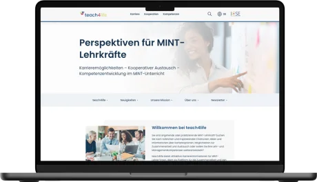 Ein modernes Webdesign mit dem Titel „Perspektiven für MINT*-Lehrkräfte“. Rechts lächelt ein diverses Team bei einer kollaborativen Lern- oder Arbeitsatmosphäre.